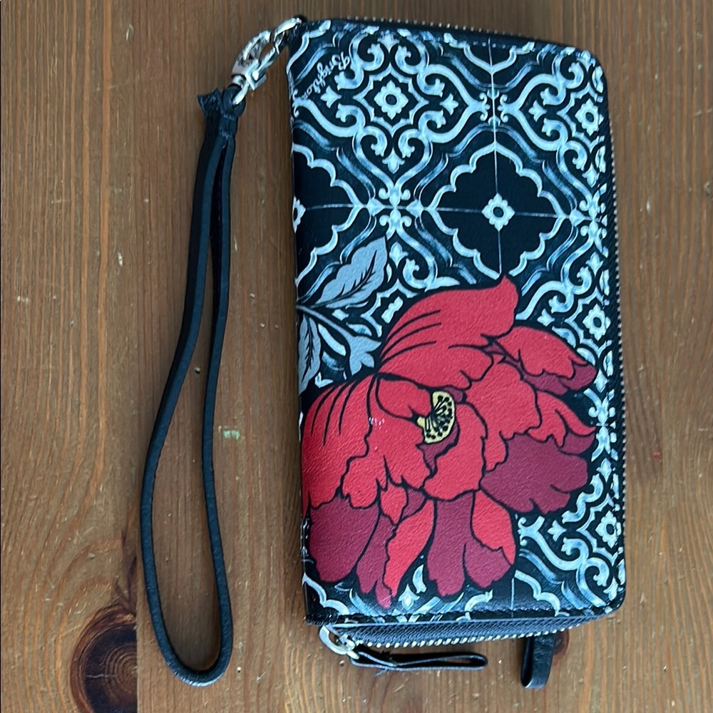 Floral Black and Red Wristlet Wallet